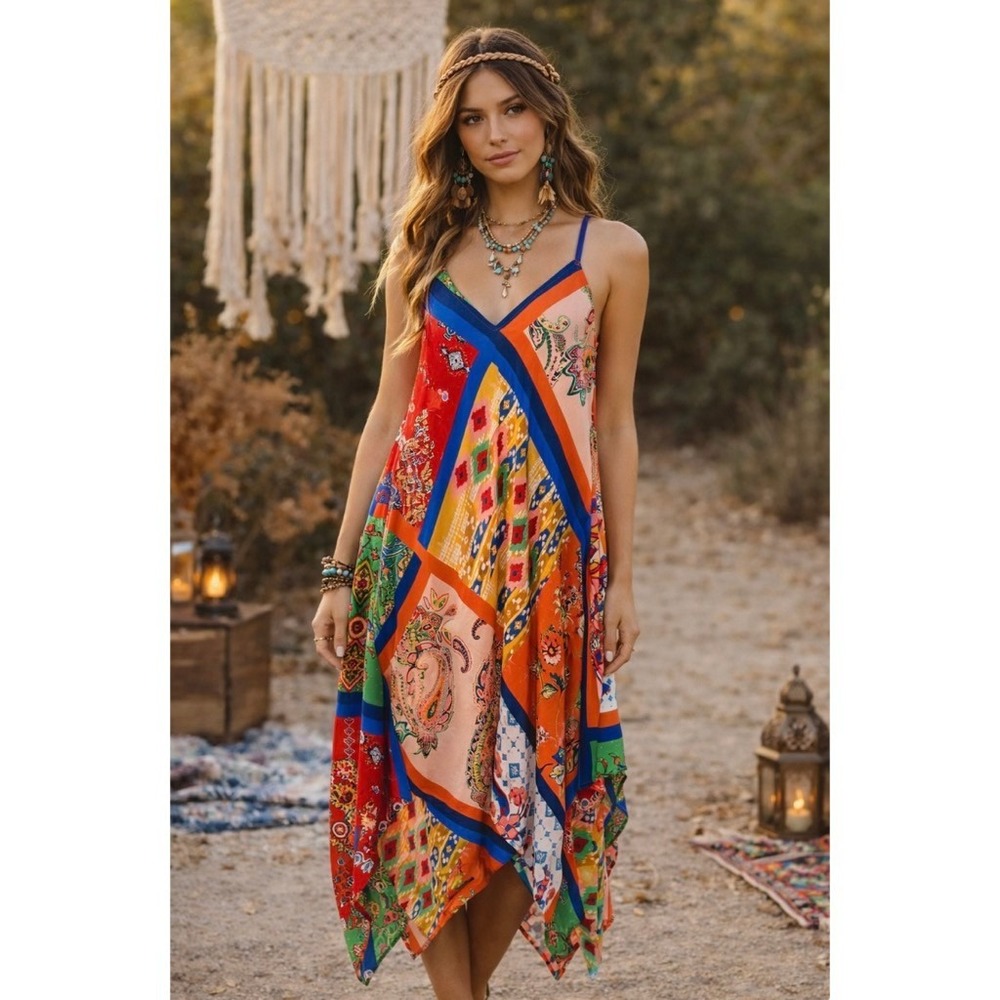 TOLANI Silk Handkerchief Midi Maxi Dress Bohemian Flowing Patchwork Floral Small